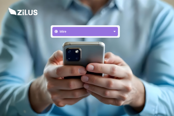 Wire Transfers on Mobile Device Interface – a Person Holding a Smartphone with a Dropdown Menu Labeled “Wire,” Indicating a Wire Transfer Option on a Digital Payment App.